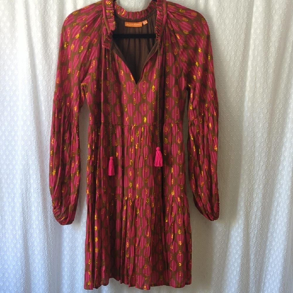 Oliphant Pink And Gold Tie Front Dress Balloon Sleeve XS